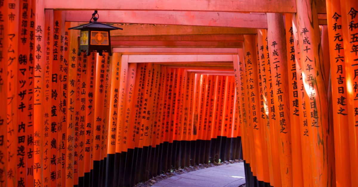 Vermilion torii gates covered with Japanese inscriptions at Fushimi Inari Shrine